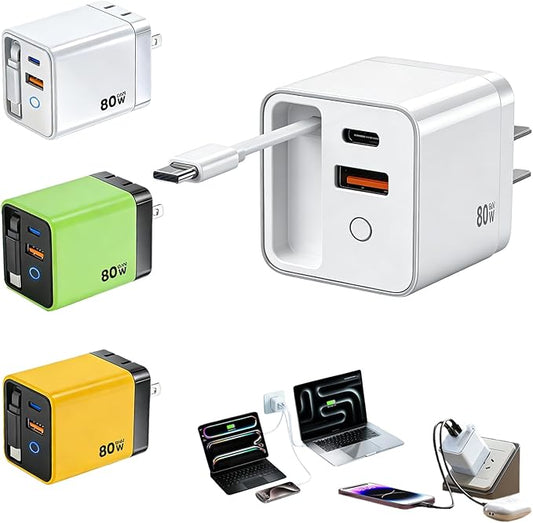 80W USB-C Retractable Fast Charger, PD Wall Charger with Built-in Retractable USB-C Cable, Portable Power Adapter for iPhone 17 Pro Max/16/15, Samsung, iPad, MacBook Air & USB-C Devices (White, 10)