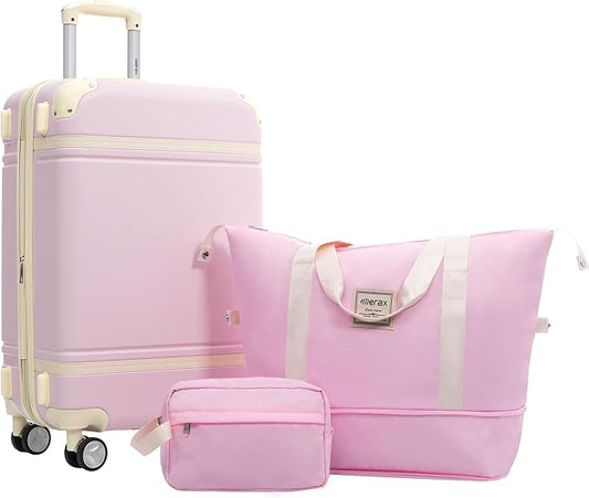 Merax 24 Inch Checked Luggage, Expandable Suitcase with Spinner Wheels, Hard Shell Vintage Luggage Set with TSA Lock(Light Pink)