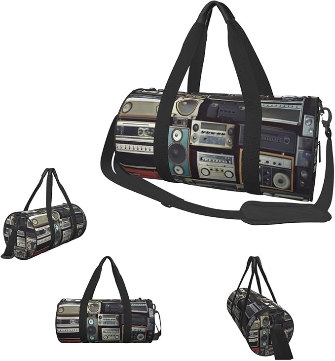 Vintage Wall of Radio Boombox Sports Gym Bag for Women Men Travel Duffel Bag Tote Weekender Bag Canvas Carry on Overnight Bag for Travel Swimming Fitness Workout Sports Duffle Bag