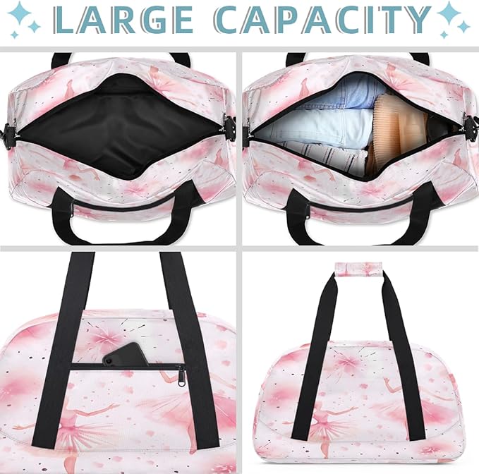 Duffle Bag for Women Men, Pink Ballet Watercolor Gym Bag for Travel Sports, Lightweight Waterproof Weekender Overnight Bags with Adjustable Strap