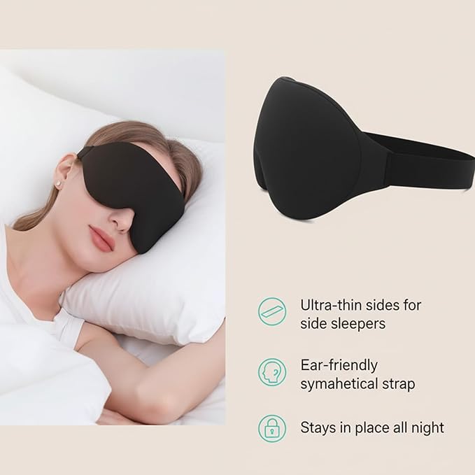 Sleep Mask for Side Sleeper, 3D Complete Light Blocking Sleeping Eye Mask, Soft Breathable Eye Cover with Hair-Tangle-Free Symmetrical Strap, Zero Pressure Blindfold for Women & Men