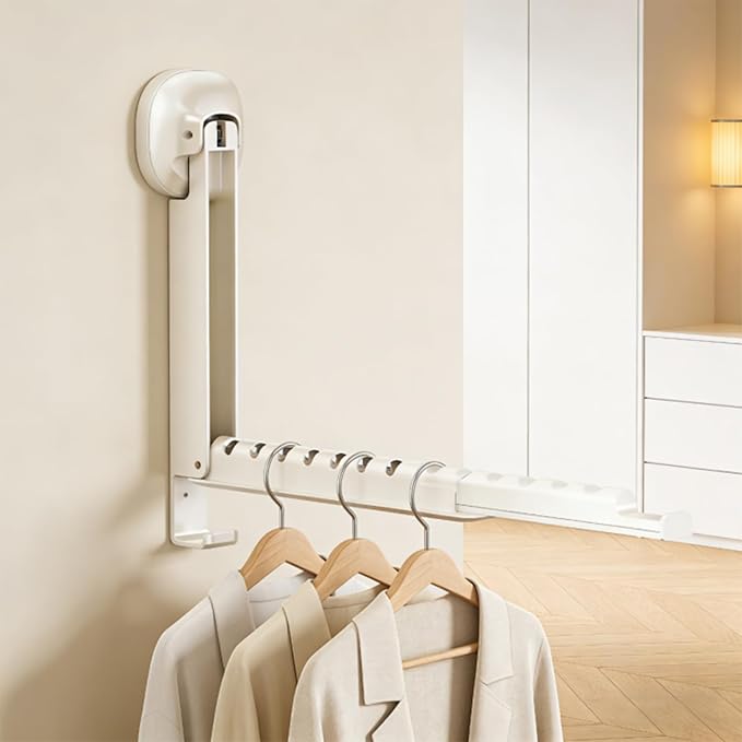 Foldable Clothes Drying Rack, Wall Mounted Drying Rack with Suction Cup, Retractable, Portable Over The Door Hooks Hanger for Laundry Bathroom RV Balcony. (White)