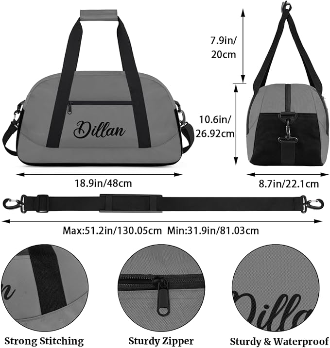 Custom Name Gym Duffel for Kids,Personalized Sports Bag Lightweight Gym Bags for Boys & Girls,Fitness Travel Weekender for Travel, and Workout Gray