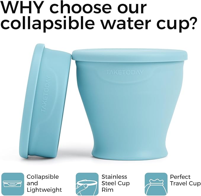 TakeToday Collapsible Travel Cup 8 oz - Silicone Foldable Water Cup, BPA-Free with Lid & Waterproof Bag - Drinking Cup Set for Office, Camping & International Travel（Blue）