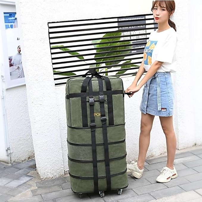 Expandable Extra Large Travel Oxford Duffel Bag with Wheels Waterproof Lightweight Traveling Foldable Suitcase (Green Canvas, XL - 6 wheels)