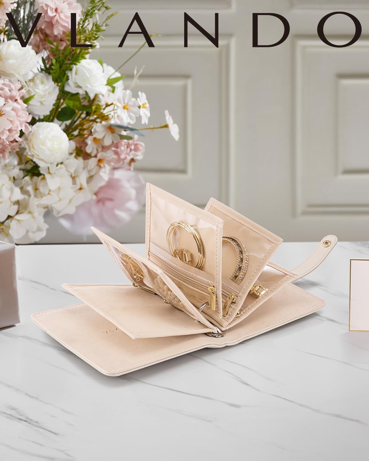 Vlando Travel Jewelry Organizer Case,Mothers Day Gifts for Her,Portable Jewelry Organizers Storage Book with Clear Zipper Velvet Jewelry Pouch Bag for Travel Essentials,Ring,Earring-Cream White