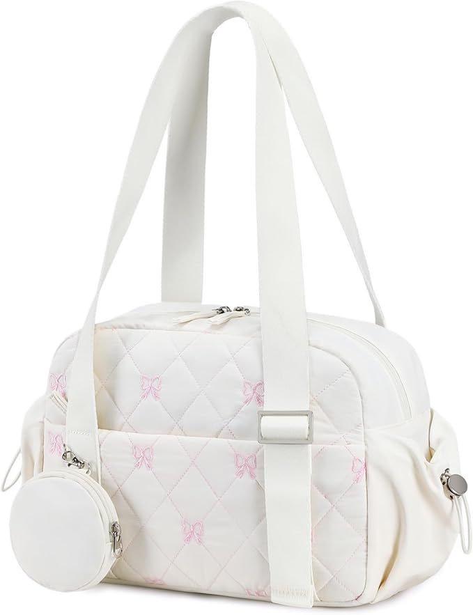 CAMTOP Mini Gym Bag for Women, Small Gym Tote Bag Puffy Quilted Sports Duffel Bag with Wet Compartment and Coin Purse Duffel Bags Dance Yoga Workout Bag for Gifts (White Pink Bow, Mini-12.6")