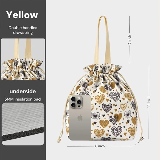 Reusable Small Lunch Bag,Drawstring Lunch Bag,Insulated Handbag Tote bag with Handle (Yellow)