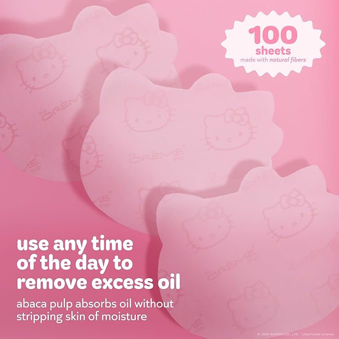 The Crème Shop x Hello Kitty Mattifying Green Tea Blotting Paper with Mirror and Puff, Absorb Excess Oil, Makeup-Friendly (100 Sheets)