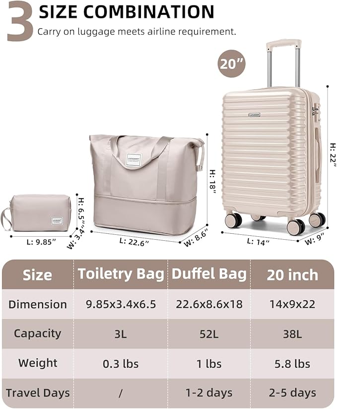 LARVENDER Carry on Luggage 22x14x9 Airline Approved, 20 Inch Hardside Suitcase with Wheels TSA Lock, PC+ABS Lightweight Carry on Suitcases for Women and Men, Champagne (20/DB/TB)