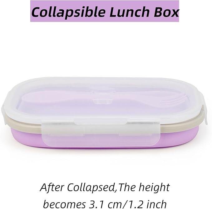 Collapsible Silicone Lunch Box with Lid and Spork, Leakproof Foldable Bento Box for Meal Prep, Travel, Camping, Microwave and Dishwasher Safe, 8.1 x 5.1 x 2.8 inches, Purple
