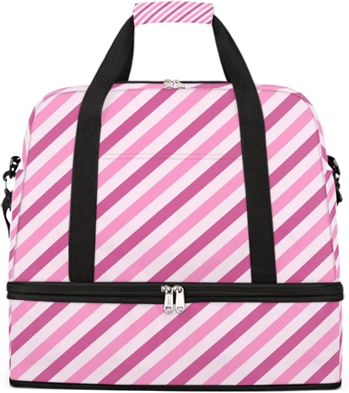 Pink Diagonal Stripes Large Weekender Bag with Shoe Compartment Travel Duffel Bags for Women Carry On Hospital Overnight Bag Foldable Personal Item Travel Bags Tote Gym Sports Airplanes