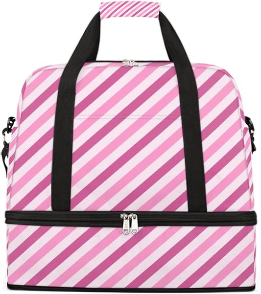 Pink Diagonal Stripes Large Weekender Bag with Shoe Compartment Travel Duffel Bags for Women Carry On Hospital Overnight Bag Foldable Personal Item Travel Bags Tote Gym Sports Airplanes