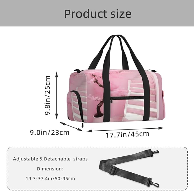 Cherry blossom white staircase Print Gym Bag with Shoe Compartment for Women Men, 17.7in Sports Duffle Weekender Tote, Overnight Travel Duffel Bag Carry On