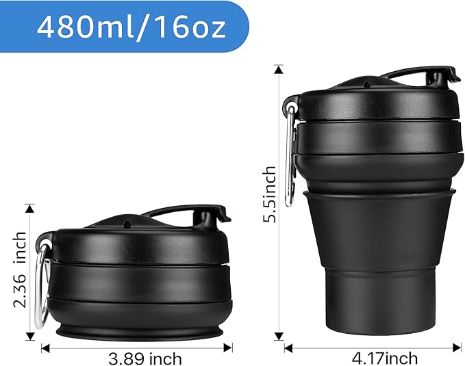 Collapsible Coffee Cup, 2 Pack 16 OZ 480ml Silicone Travel Folding Cup, Leak Proof BPA Free Portable Cup, Travel mug with Lids for Camping hiking