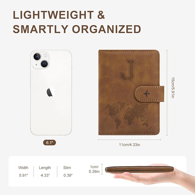 Personalized Passport Holder – Initial Letter Passport Cover with RFID Blocking, Holds 2 Passports, Slim PU Leather Unisex Travel Wallet, Brown J