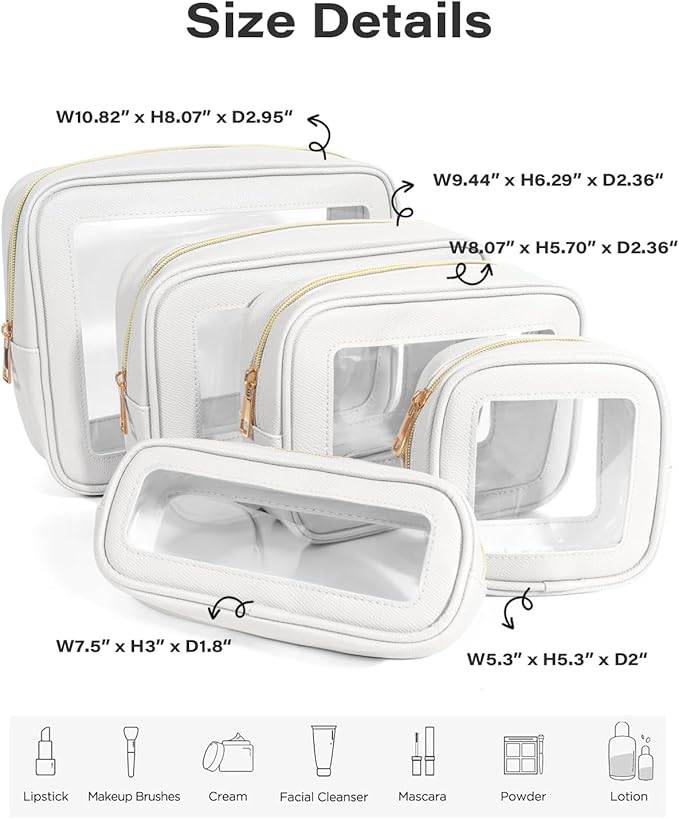 5Pcs Diaper Bag Organizer Pouch Set, Waterproof Travel Clear Makeup Bag Set for Women Small Toiletry Bag Travel Packing Organizer Bags Cosmetic Case with Zipper Compact Car Organizer Bag (White Set)
