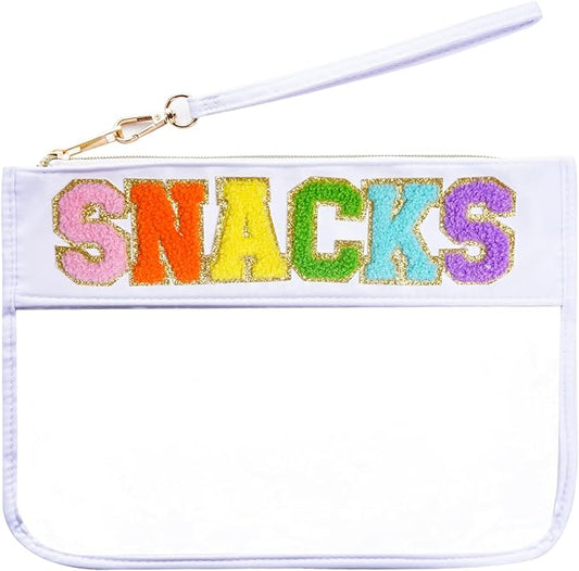 Chenille Letter Bag, Multi-purpose Nylon Clear Makeup Cosmetic Bags Flat Pouches with Zipper for Travel, Gym, Beach (White-Snacks)