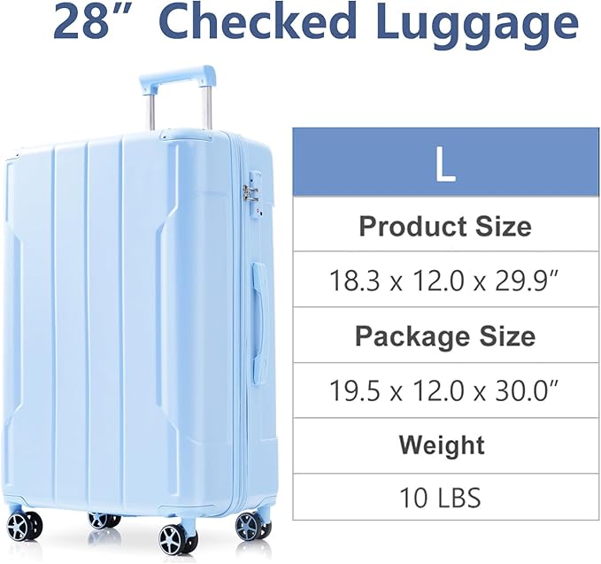 28 Inch Large Checked Luggage Hardside Suitcase with Spinner Wheels, Sky Blue Lightweight Expandable Hard Shell ABS Suitcases with TSA Lock, Large Travel Luggage for Women, Men