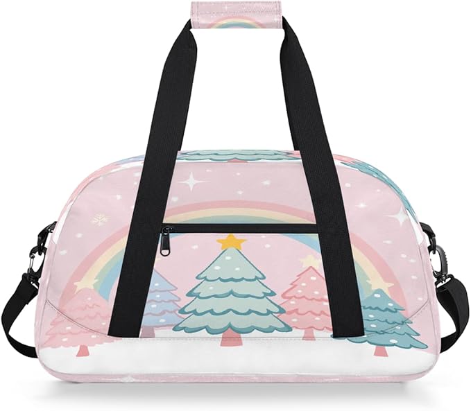 Kids Duffle Bag Girls Boys Cute Rainbow Christmas Tree On Pink Weekender Overnight Bag,Lightweight Duffel Bags for Traveling Gym Sport Dance