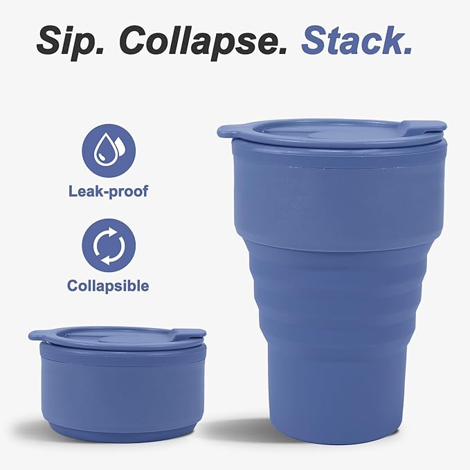 Collapsible Silicone Camping Cups 13oz - Leakproof Travel Mug with Lid, Portable Foldable Bottle for Camping Hiking Office (BPA Free, Dishwasher Safe) - Blue