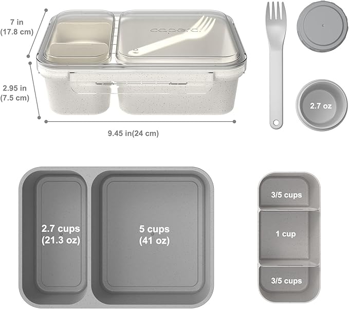 Caperci 2 Pack Salad Container for Lunch - 62 oz Large Bento Lunch Box for Adults, 2-Compartment Meal Prep Container with Removable Toppings Tray, Sauce Cup, Reusable Fork, BPA-Free (Gray & Tofu)