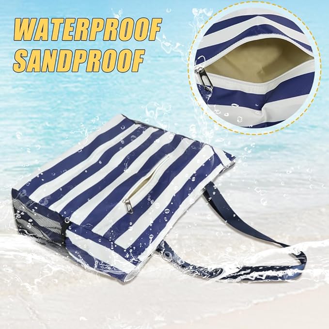 Large Beach Bag, Waterproof Sandproof Beach Tote Bag for Women, Lightweight Swim Pool Bag with Zipper Wet Pocket for Pool Gym Grocery Travel Vacation Weekender