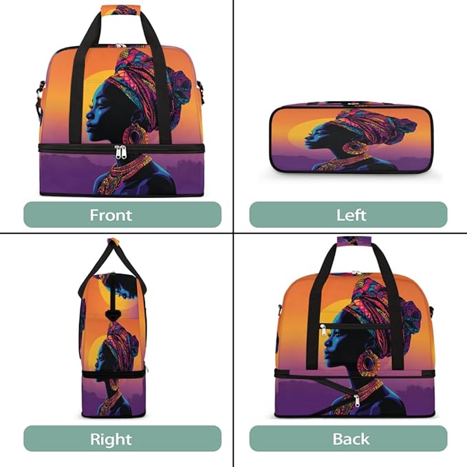 Foldable Travel Duffel Bag for Women - Carry on Personal Item Bag with Shoes Compartment, Weekender Overnight Duffle Bags Sport Tote Gym Luggage for Airplanes(Traditional African woman)