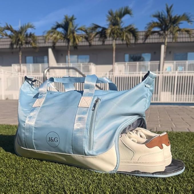 J&G Waterproof Gym Duffel Bag – Lightweight Travel & Sports Bag with Shoe Compartment and Wet Pocket for Men & Women – Carry-On Weekender for Gym, Beach, Trips – 8 Colors (Light Blue)