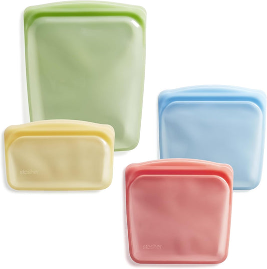 Stasher Premium Silicone Reusable Food Storage Bags, 4-Pack, Multi, Multi-Use Food Storage Bags, Lunch Bag, Travel Containers, BPA Free, Leak-free, Dishwasher-Safe, Eco-friendly