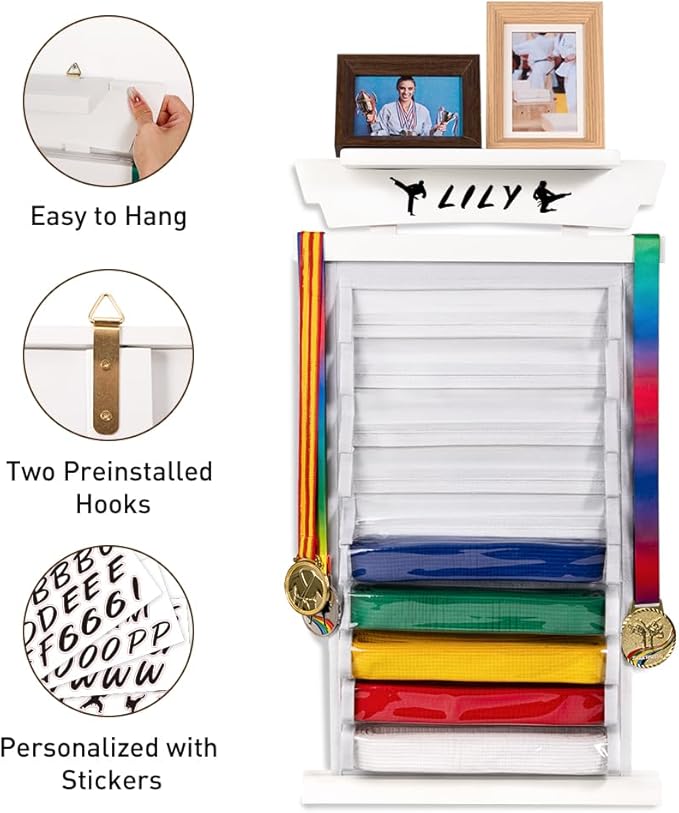 Tilhumt 10/12 Belts Karate Belt Display Rack with Photo Shelf, Felt Taekwondo Belt Display Rack Martial Arts Belt Display for Adults TKD, BJJ