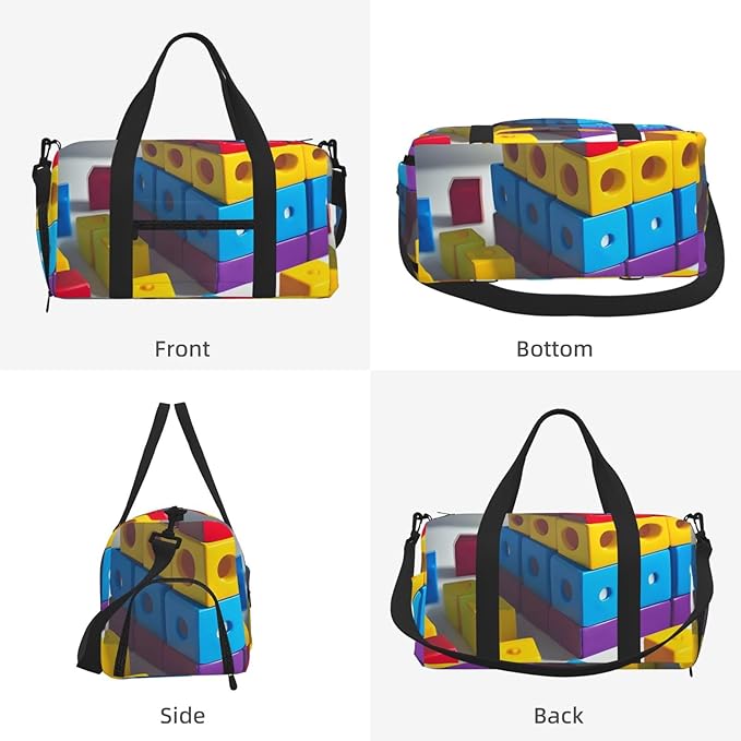 Colorful Building Blocks Print Gym Bag with Shoe Compartment for Women Men, 17.7in Sports Duffle Weekender Tote, Overnight Travel Duffel Bag Carry On