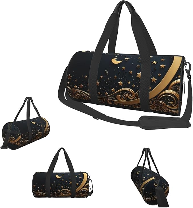 Golden background and crescent moon Sports Gym Bag for Women Men Travel Duffel Bag Tote Weekender Bag Canvas Carry on Overnight Bag for Travel Swimming Fitness Workout Sports Duffle Bag