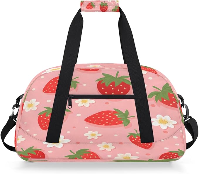 Duffle Bag for Women Men, Pink Strawberry Flower Print Gym Bag for Travel Sports, Lightweight Waterproof Weekender Overnight Bags with Adjustable Strap