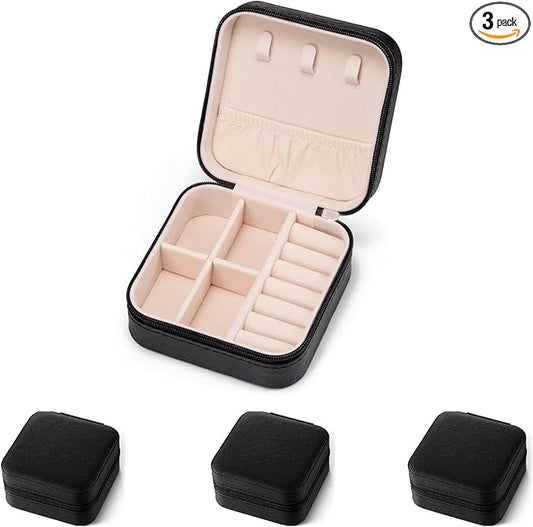 3pack/PU Leather Travel Jewelry Case, Mini Jewelry Box, Small Jewelry Organizer Portable Display Storage Case for Rings Earrings Necklace Bracelet, for Girls Women (Black - 3 Packs)