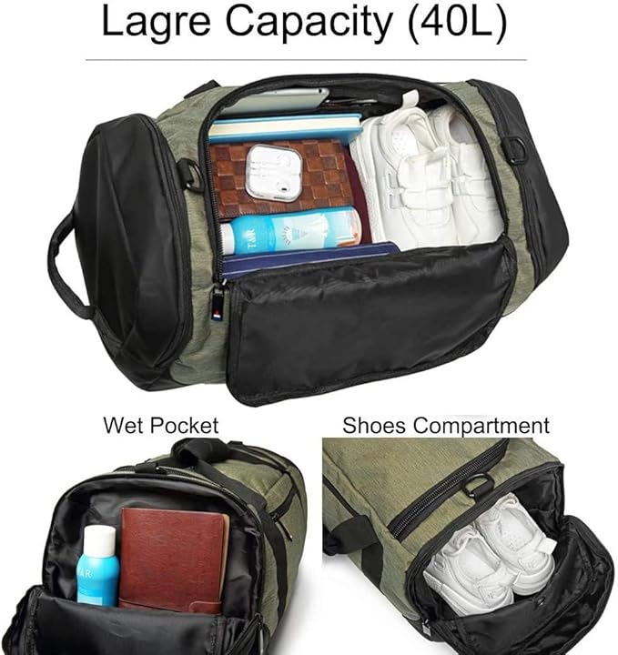Gym Bag Backpack Waterproof Duffle Bags Travel Weekender Duffel Bag for Men Women Overnight Bag with Shoes Compartment Green
