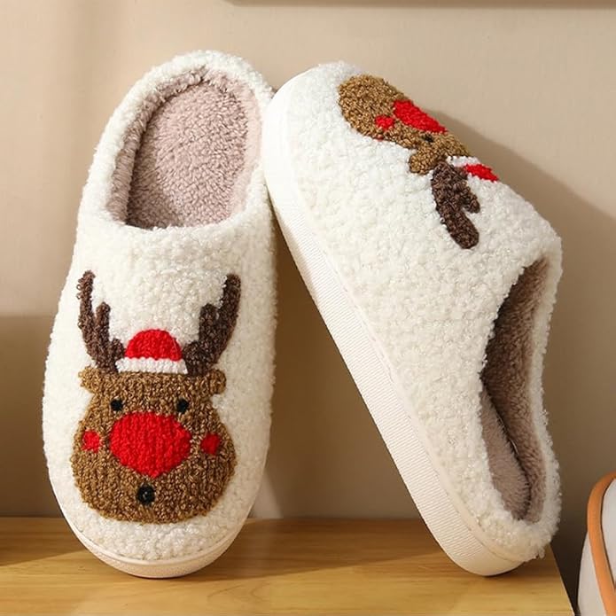Unisex Xmas Elk Shoes Santa Reindeer Cute Strawberry Cartoon Christmas Tree Pink Bow Memory Foam Soft Plush House Slippers Indoor/Outdoor