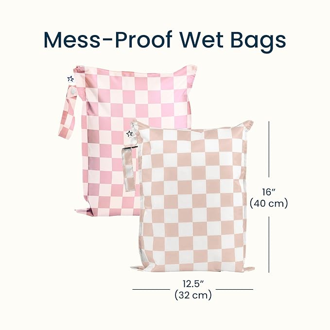 Tiny Twinkle Mess Proof Wet Bags | 2-Pack Reusable Waterproof Wet Bags for Swimsuits | Baby Clothes | Travel & Diaper Bag (Pink, Brown Checkers)