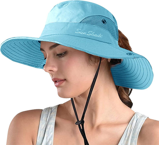 ZOORON Women's Ponytail Safari Sun Hat,Wide Brim UV Protection Outdoor Bucket Hat,Foldable Beach Summer Fishing Hat