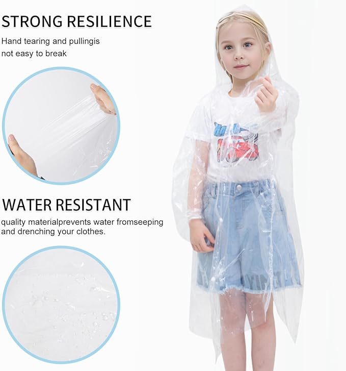 Disposable Rain Ponchos for Kids,Rain Ponchos Family Pack,Clear Kids Ponchos,Individually Wrapped.