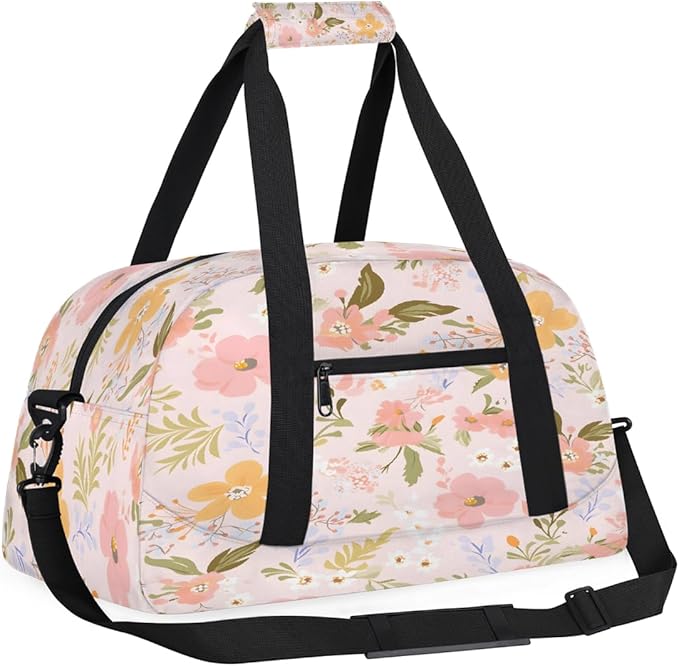 Sports Duffel Bags, Pink Background Floral Print Water-Resistant Gym Duffle Bag for Men Women, Lightweight Weekender Overnight Bag for Fitness, Workout, Travel