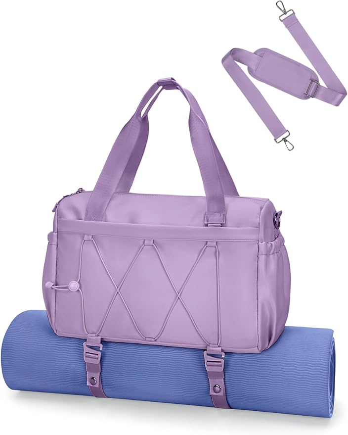 Small Gym Bag for Women with Yoga Mat Holder and Wet Compartment, Mini Gym Duffle Bag Yoga Bag with Water Bottle Pocket for Workout Travel, Purple