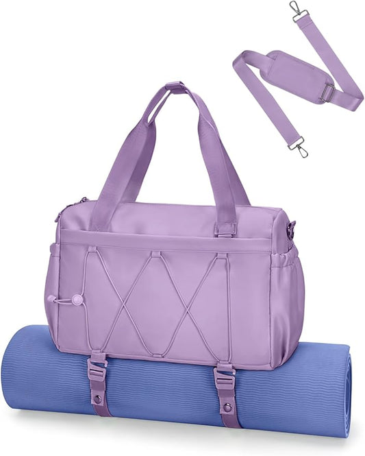 Small Gym Bag for Women with Yoga Mat Holder and Wet Compartment, Mini Gym Duffle Bag Yoga Bag with Water Bottle Pocket for Workout Travel, Purple