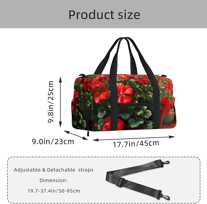 Red geraniums Print Gym Bag with Shoe Compartment for Women Men, 17.7in Sports Duffle Weekender Tote, Overnight Travel Duffel Bag Carry On