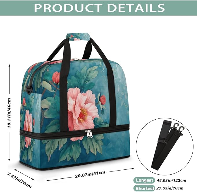 Pink Flowers Green Leaves Large Weekender Bag with Shoe Compartment Travel Duffel Bags for Women Carry On Hospital Overnight Bag Foldable Personal Item Travel Bags Tote Gym Sports Airplanes