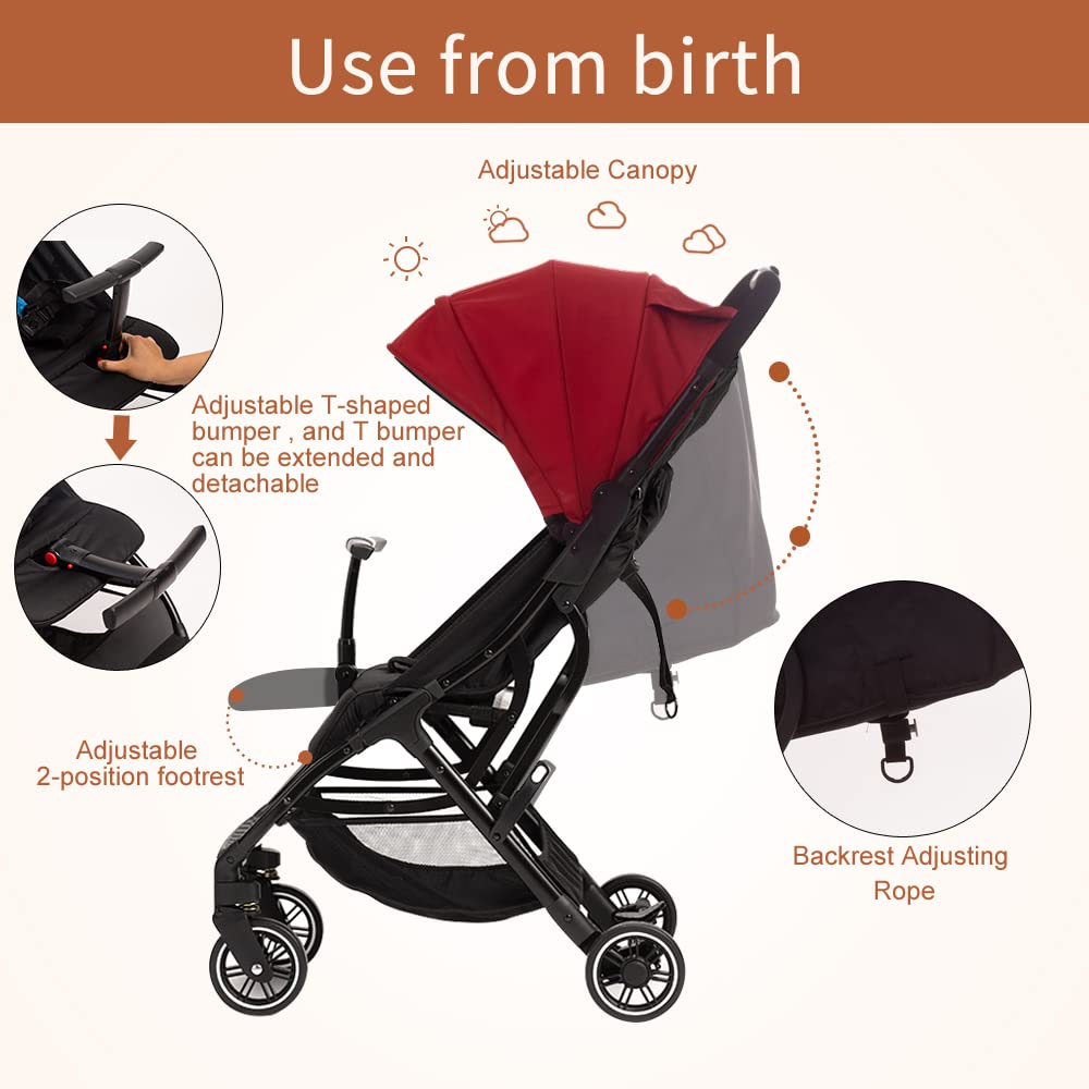 COOL KIDS Portable Stroller with Automatic Fold，Lightweight Umbrella Stroller with Pop Out Sun Canopy，Compact Stroller for Travel(red)