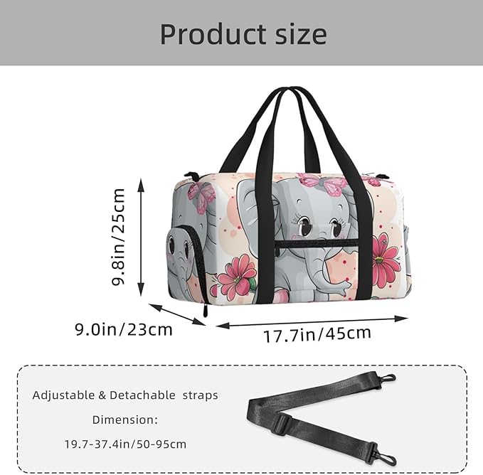 Sports Gym Bag Cute Elephant Pink Flower Butterfly Travel Duffel Bag With Shoe Compartment Shoulder Strap, Lightweight Water-Resistant Weekend Overnight Totes For Women Men