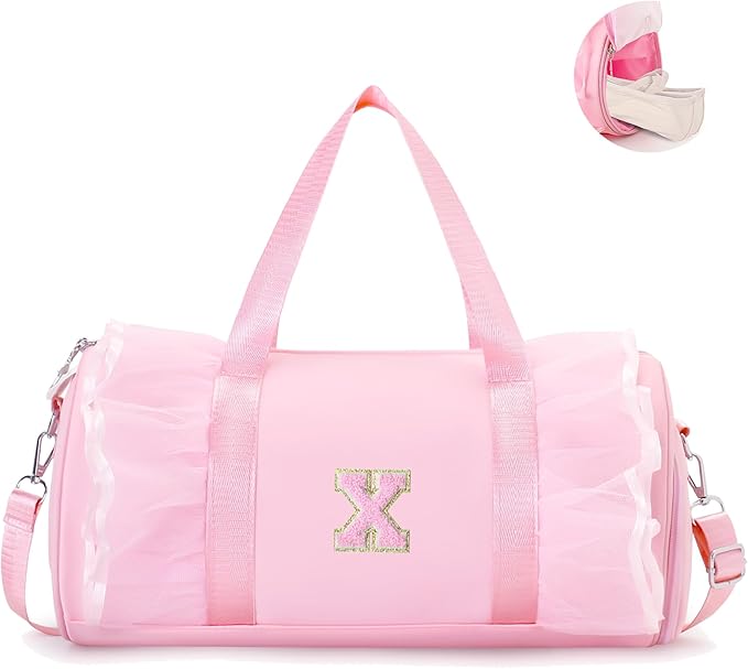 Personalized Dance Bag for Girl | Small Initial Gym Sport Yoga Cheer Duffle Bags Gift for Teen Girls | Chenille Letter Kids Ballet Bag Preppy Stuff Toddler Girl Birthday Gift (Pink X, SMALL)