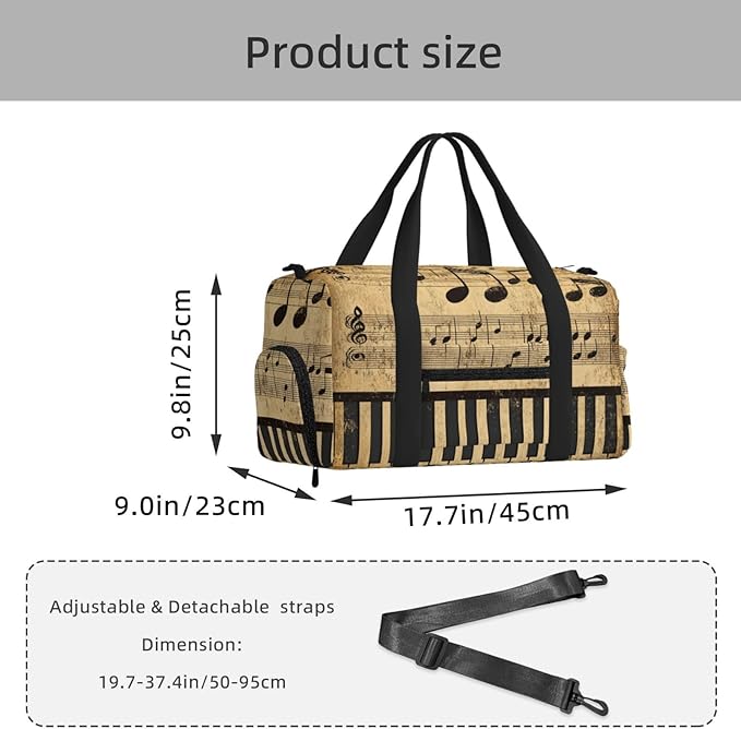 Sports Gym Bag Retro Musical Notes Piano Keys Travel Duffel Bag With Shoe Compartment Shoulder Strap, Lightweight Water-Resistant Weekend Overnight Totes For Women Men