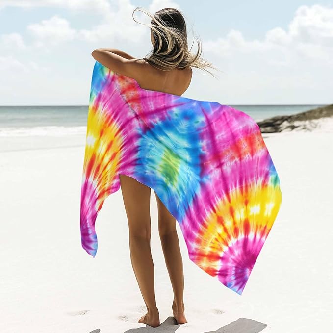 Abstract Tie-Dye Art Beach Towel 30" x 60" Pink Blue Yellow Watercolor Gradient Quick Dry Sand Free Pool Towels Soft & Absorbent Compact Towels Beach Accessories for Travel Bathroom Swimming Pool
